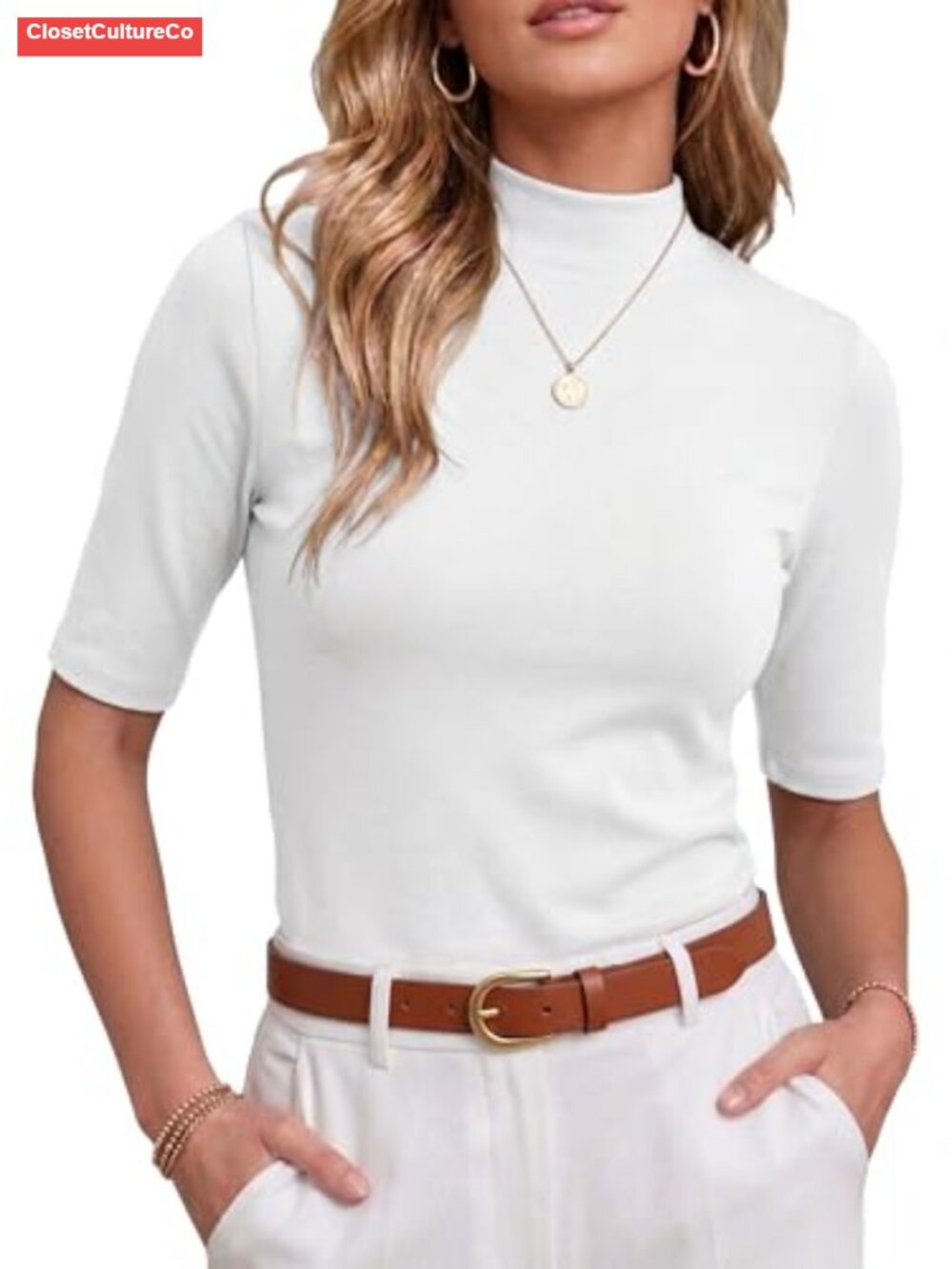 Mock Neck Short Sleeve Ribbed Knit Slim Fit Tee Business Casual